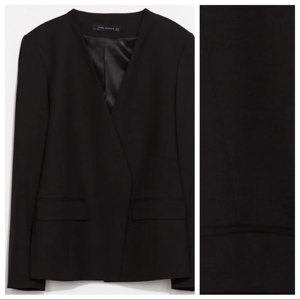 NWT. Zara Black No Collar Jacket Blazer. Size S